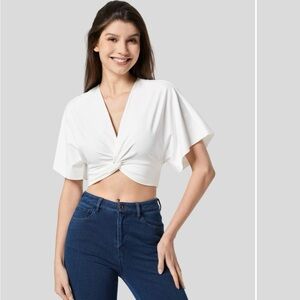 NWOT Halara V Neck White Front Knot Flowy Sleeve Crop Top